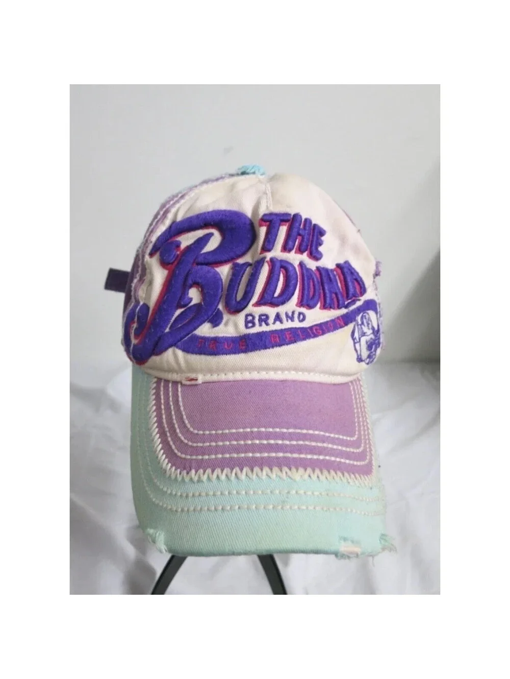 True Religion distressed leather trim Buddha cap hat adjustable Y2K Leather